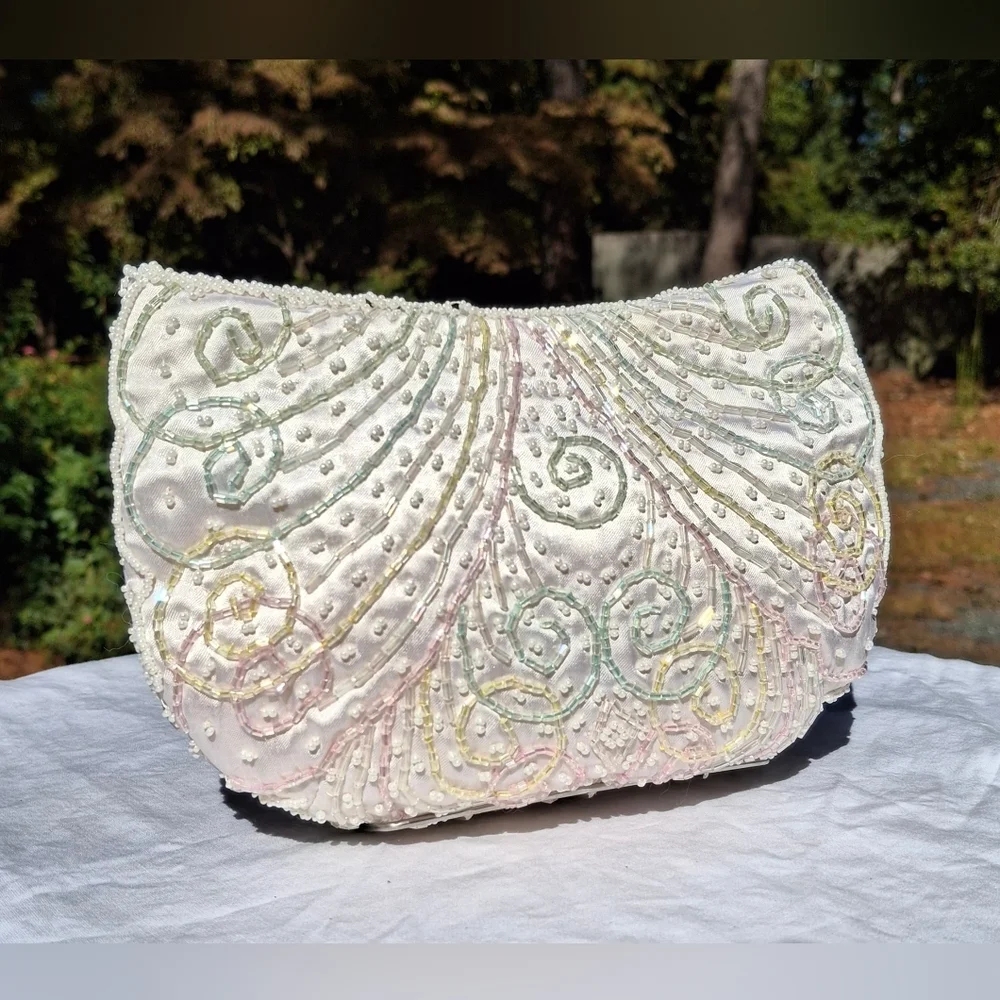 Vintage Magid White Satin & Pastel Rainbow Beaded Clutch Bag